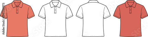 Peach and White Polo Shirt Technical Sketch Set, Front and Back View CAD Drawing Flat Vector Illustration for Apparel Fashion Design