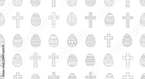 Seamless vector graphic illustration featuring traditional hand-drawn Easter eggs and religious crosses in a repeating pattern design.