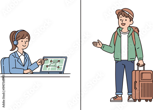 Travel agent assisting tourist with route planning on laptop while traveler with suitcase preparing for trip tourism service illustration