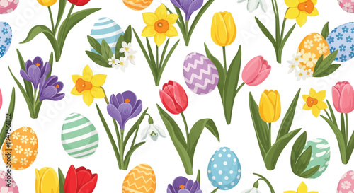 Colorful Easter eggs and vibrant spring flowers create a beautiful seamless vector graphic illustration pattern design