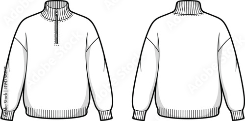 Quarter Zip Sweatshirt Technical Flat Sketch Vector Template with Ribbed High Neck and Drop Shoulder for Fashion Design CAD Mockup