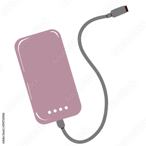 Power bank with charging cable, portable battery and mobile charging. Hand drawn illustration