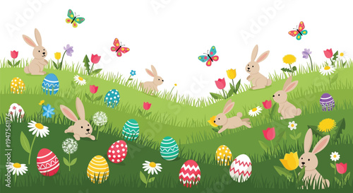 Charming vector graphic illustration featuring Easter bunnies hopping across a vibrant spring meadow filled with colorful eggs