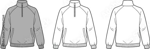 Quarter Zip Sweatshirt Technical Sketch Set, Front and Back View CAD Drawing Flat Vector Illustration for Apparel Fashion Design Template