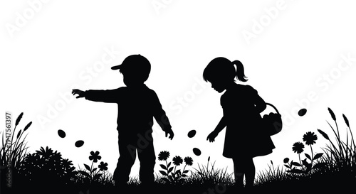 Black silhouette vector graphic illustration depicts two children searching for hidden eggs in a springtime grassy meadow