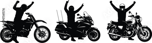 Motorcycle rider silhouettes celebrating victory on different motorbikes, biker lifestyle concept with helmet and raised arms isolated vector illustration