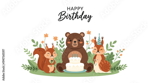 Adorable forest animals including a bear two squirrels and a snail celebrating a birthday with a cake in a green garden setting.