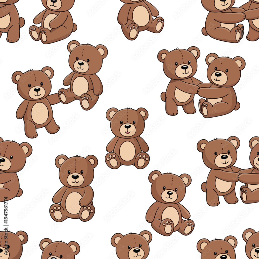 Obraz premium A playful, repeating pattern of cartoon teddy bears in various poses and interactions
