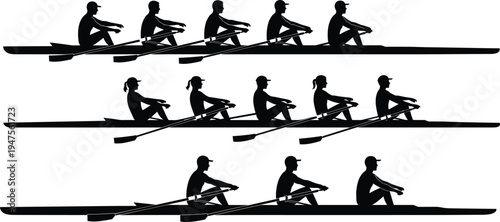 Rowing team silhouette set with athletes rowing boat isolated vector collection for water sport competition training rowing crew illustration