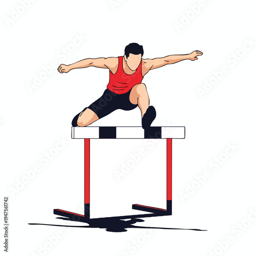 Athlete leaps over hurdle in dynamic pose, mid-air action shot
