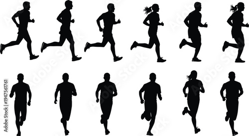 Running people silhouette set with men and women joggers in different poses isolated collection for fitness sport exercise vector illustration