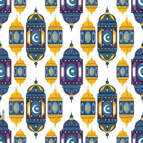 Repeating pattern of decorative Islamic lanterns in blue, purple, and gold