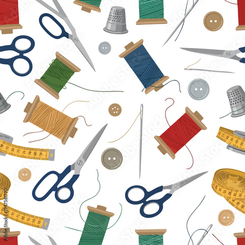 Pattern of sewing supplies including spools of thread, scissors, needles, thimbles, buttons, and tape measures
