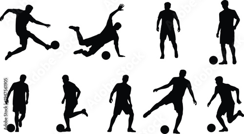 Soccer player silhouettes set with football actions, dribbling kicking running poses collection isolated on white background sports vector illustration