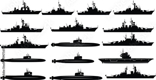 Silhouettes of naval vessels including destroyers, cruisers, aircraft carriers, and submarines, representing maritime defense, warship identification, and naval architecture concepts