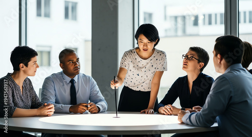 Diverse Business Team in Meeting Room Discussing Strategy Around a Round Table