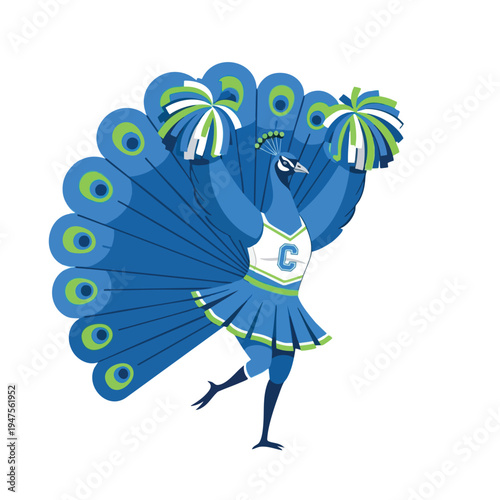 Animated peacock in cheerleading attire with pom-poms, striking a pose