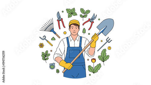 Friendly male gardener in blue overalls holding a shovel and surrounded by various gardening tools like a rake and pruning shears.