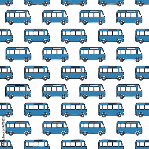 Numerous blue cartoon-style minibuses with black outlines and white windows create a repeating pattern