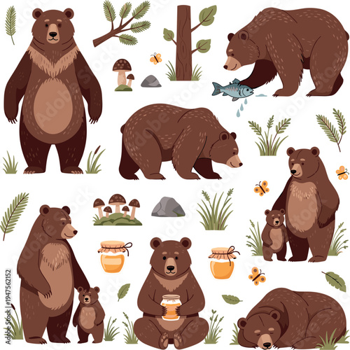 Hand Drawn Brown Bear Collection with Forest Elements Honey Mushrooms Fish and Cub Cute Wildlife Animal Vector Illustration Set