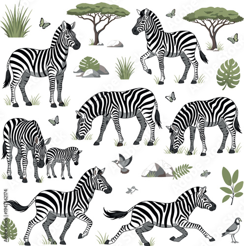 Hand Drawn Zebra Collection with Different Poses African Safari Wildlife Animal Set with Trees Plants and Nature Vector Illustration