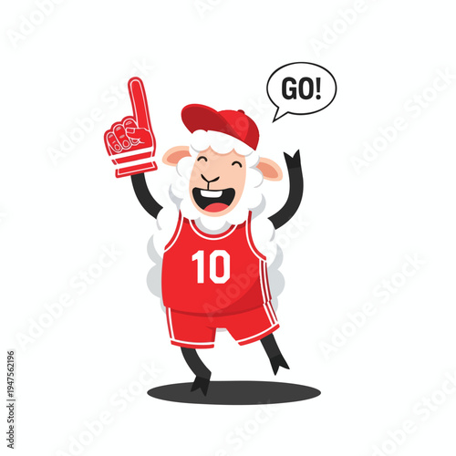 Cheerful sheep in sports jersey and foam finger cheers "GO!" on white
