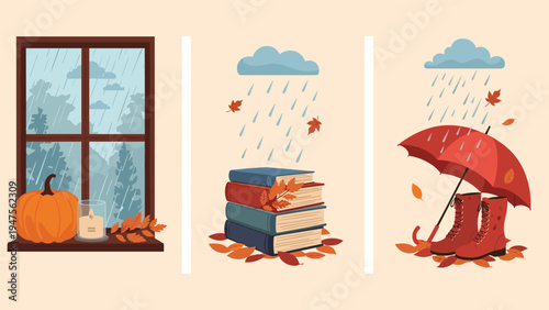 Three panel illustration of autumn themes featuring a rainy window with a pumpkin books under rain and red boots with an umbrella.