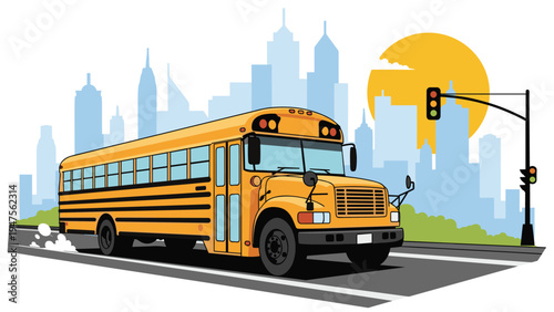 Yellow school bus driving along a city road with tall skyscrapers and a large setting sun in the background during the afternoon.