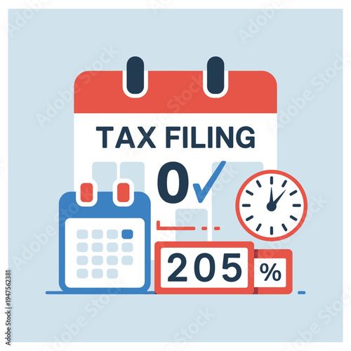 Tax filing concept illustration with calendar icons and clock for deadline tracking and financial planning showing percentage increase and checkmark for successful submission tasks