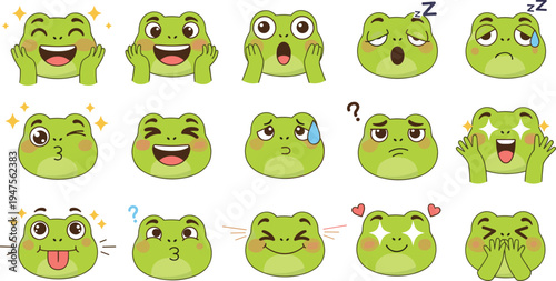 Cute frog emoji faces collection with funny cartoon amphibian expressions for messaging stickers emotions and reactions set