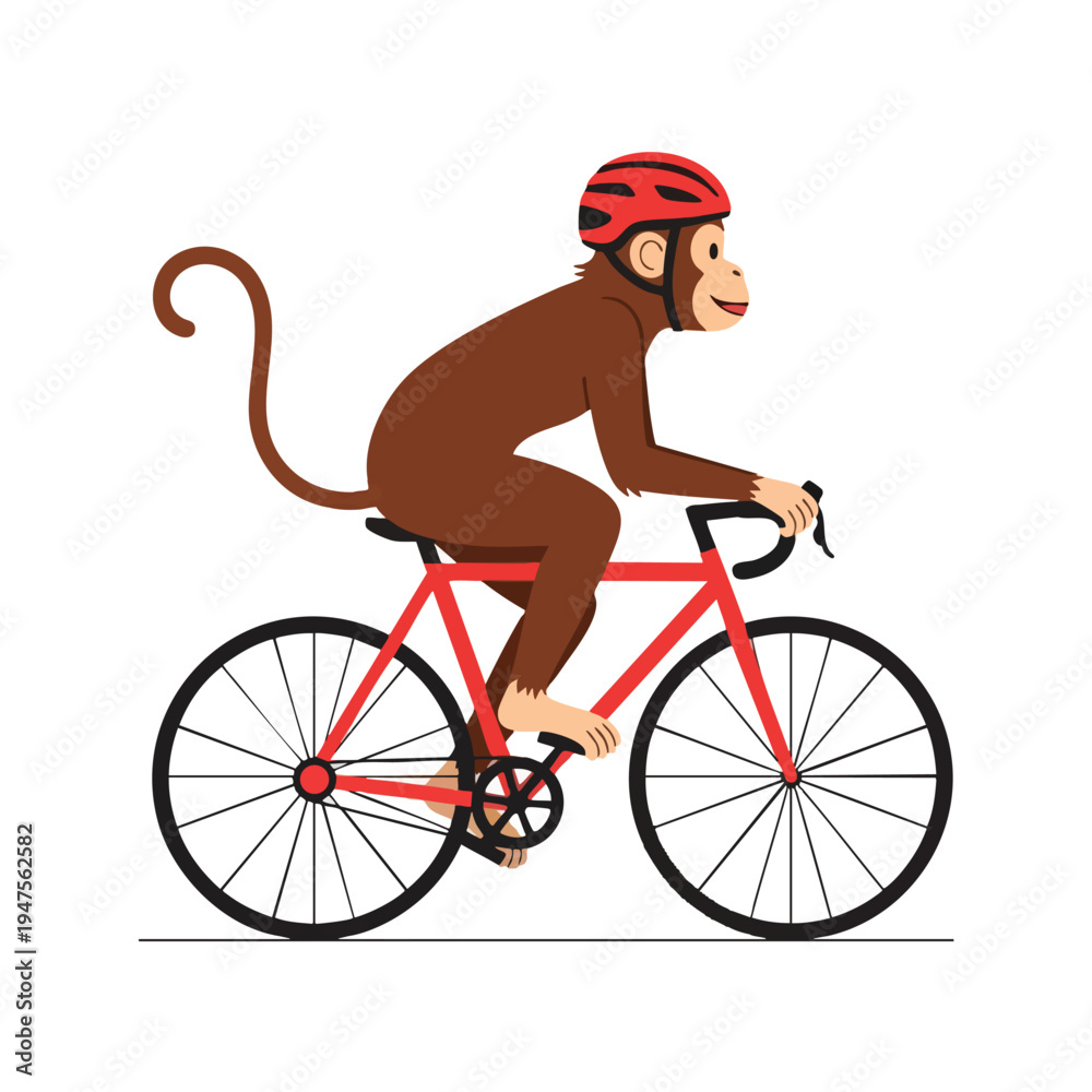 Naklejka premium Brown monkey wearing red helmet rides red bicycle