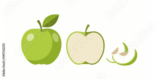 Green apple whole fruit half cut and slices fresh food vector illustration isolated