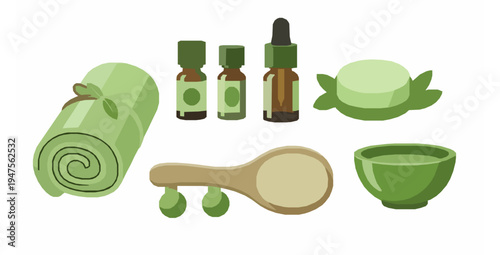 Spa tools and accessories green color flat vector illustration isolated