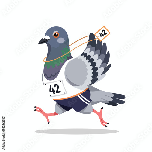 Cartoon pigeon in running attire with bib and race number 42
