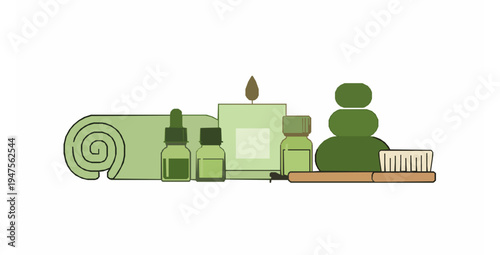 Green spa accessories collection flat vector illustration isolated
