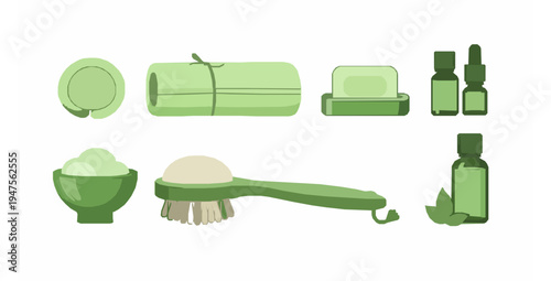 Green spa tools and accessories flat vector illustration on white background