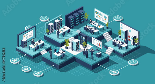 Isometric Business Workflow and Data Center Infrastructure Illustration for Digital Transformation Concept
