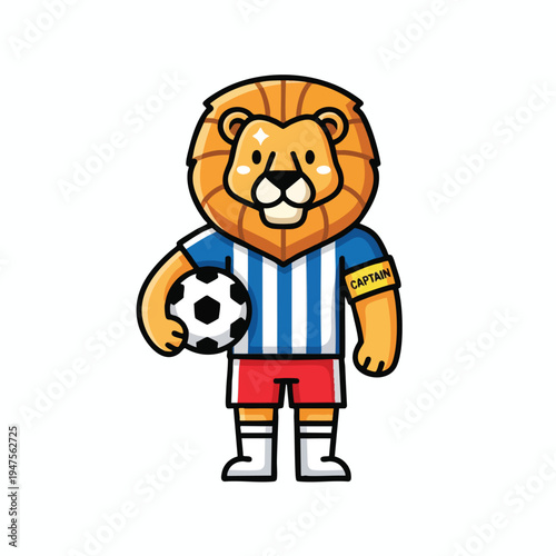 A cartoon lion wearing a soccer uniform, holding a soccer ball, and sporting a captain's armband