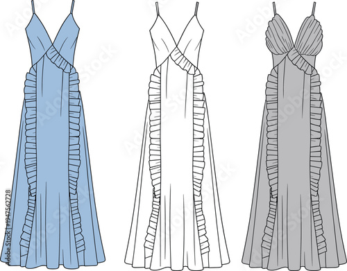 Technical CAD drawing flat vector illustration of a sleeveless maxi dress with spaghetti straps V-neckline and decorative vertical ruffle trim.
