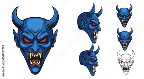 Blue Demon Head Cartoon Character Design.