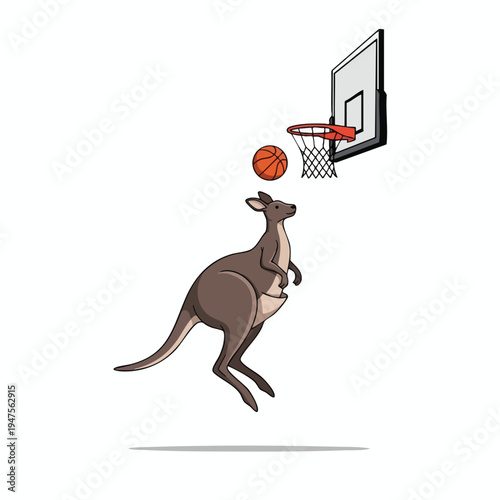 A kangaroo leaps to dunk a basketball into a hoop
