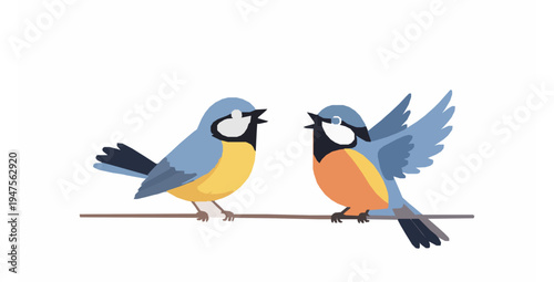 Cute couple of birds singing on branch spring song vector illustration on white background