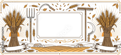 Rustic wheat harvest banner with grain sheaves farming tools countryside landscape and vintage agriculture frame illustration
