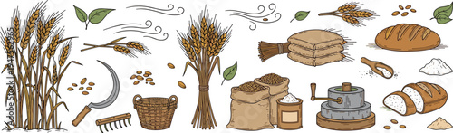 Hand drawn wheat harvest and bread baking elements set with grain sheaves flour mill tools and bakery ingredients illustration