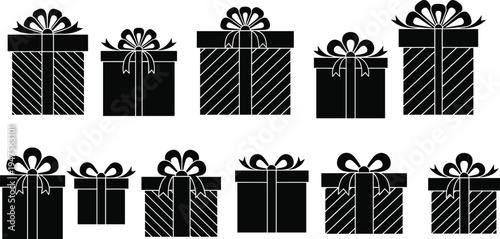 Black gift box icon set with ribbon bow silhouettes, present package collection isolated for holiday celebration, birthday surprise, Christmas vector design
