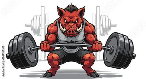 Red Pig Character Lifting Heavy Barbell.