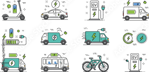 Electric transport icons set with EV car charging scooter van bicycle battery and eco friendly mobility symbols