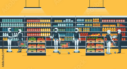 Futuristic Supermarket Scene with Humanoid Robots Shopping and Working, Concept of AI Automation in the Retail Industry Illustration