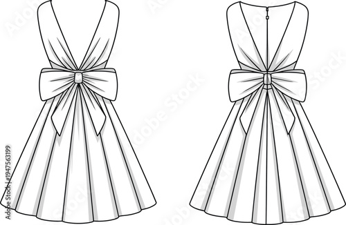 Technical CAD drawing flat vector illustration of a sleeveless V-neck flare dress with a large decorative bow and pleated skirt.
