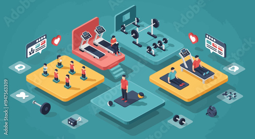 Isometric Gym and Fitness Center Illustration with People Exercising, Treadmills, Weights, and Wellness Training Zones